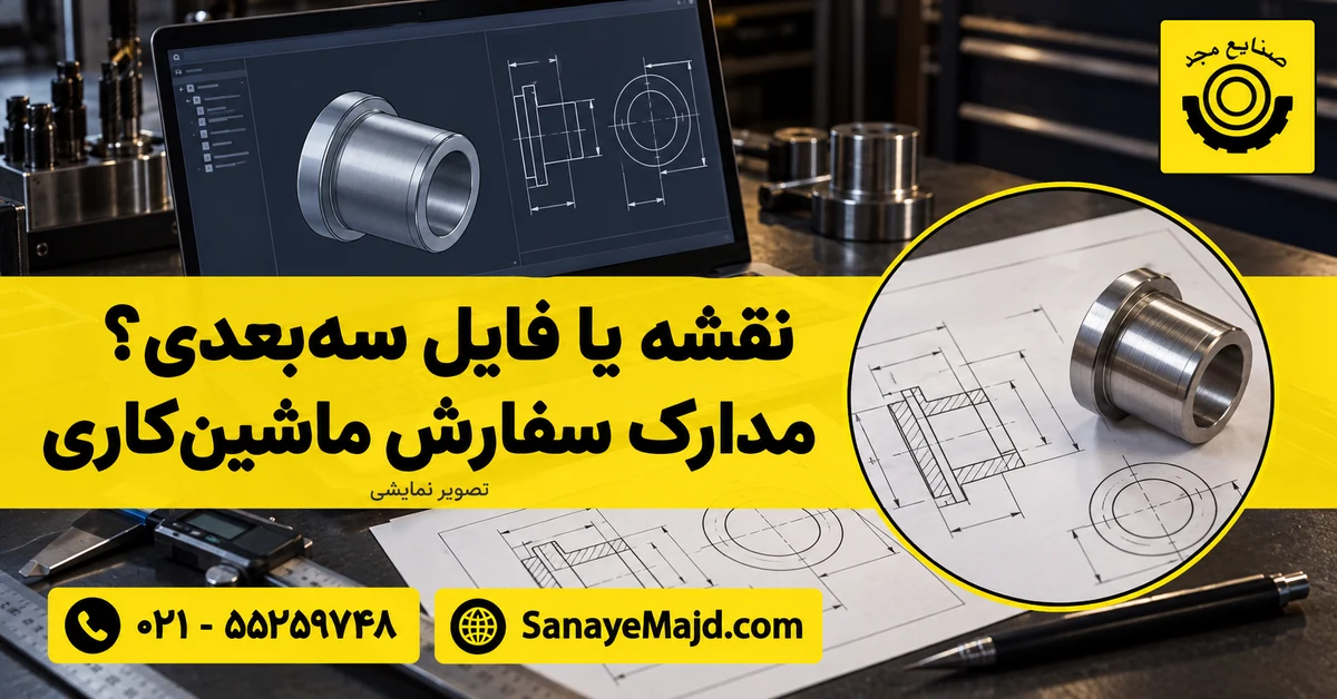 تصویر نمایشی نقشه فنی و مدل سه‌بعدی قطعه برای سفارش ماشین‌کاری، با نشان صنایع مجد